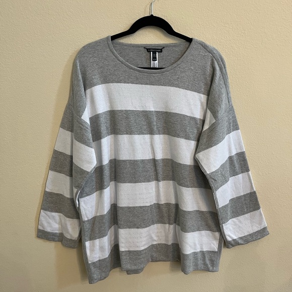 Eileen Fisher Grey and White Striped Organic Cotton Crewneck Sweater XL - Picture 7 of 8